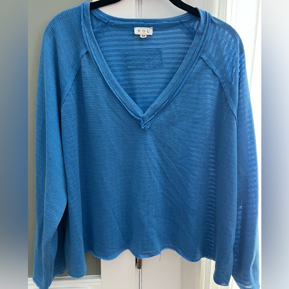 POL Textured/sheer Royal Blue Knit Top. Lightweight. Raw hem.
